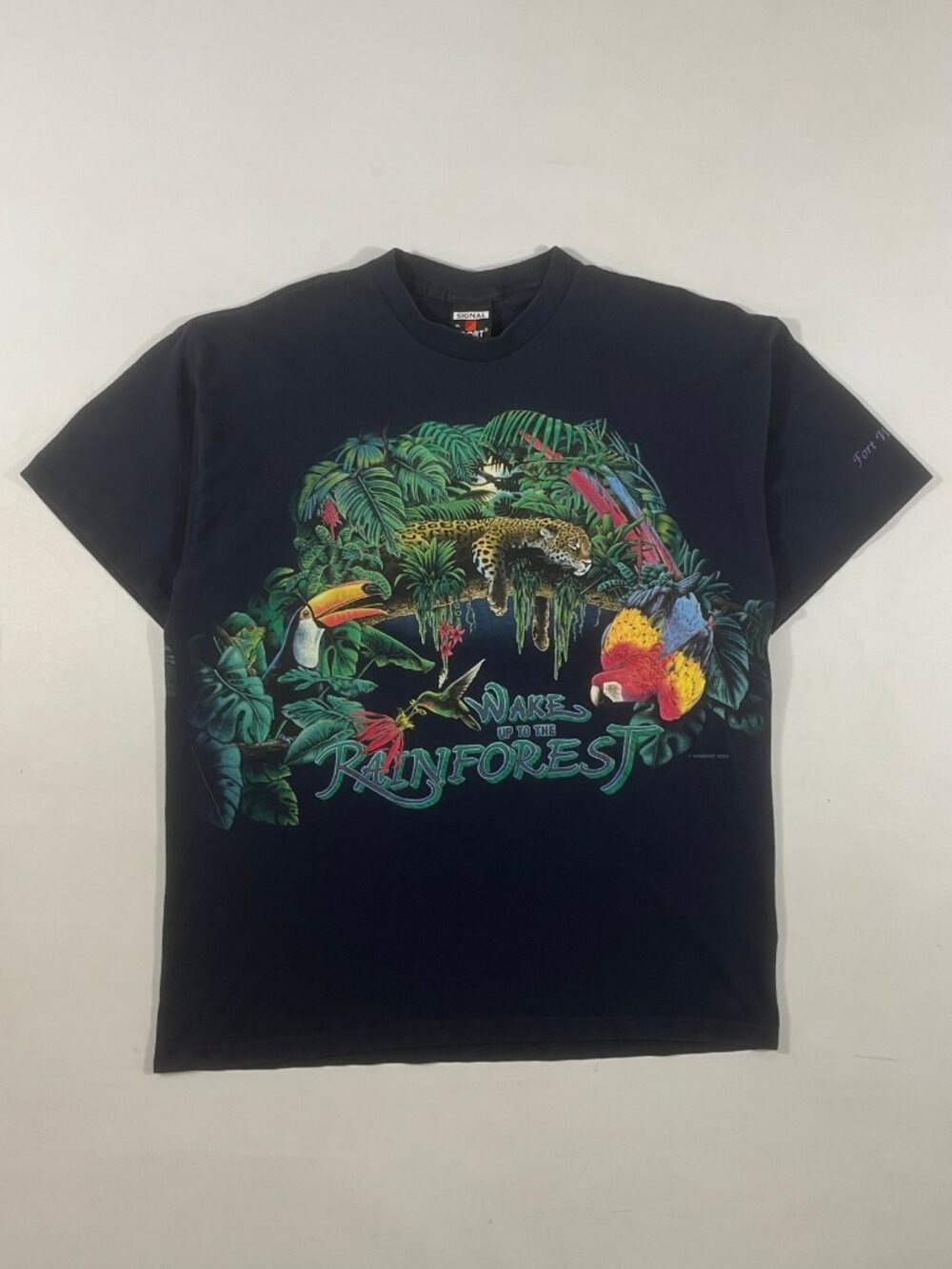 Vintage 90s Signal Sport Wake Up To The Rainforest Navy Graphic Tee XL